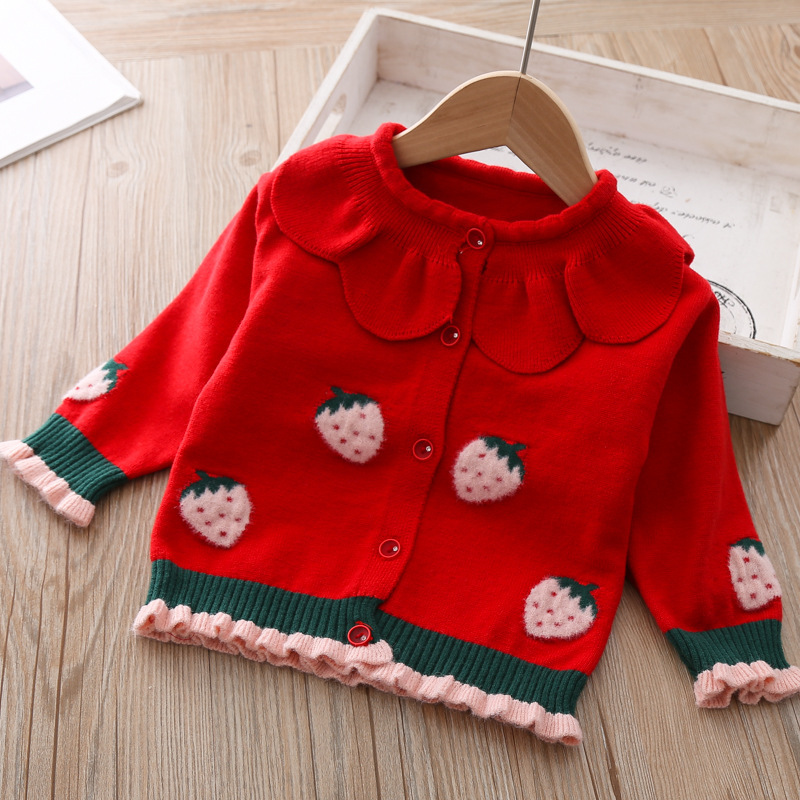 Baby Girls Knitted Cardigan Tops Spring New Sweet Ruffled Collar Strawberry Cute Sweater Coat Baby Girls Cloths Kids alx