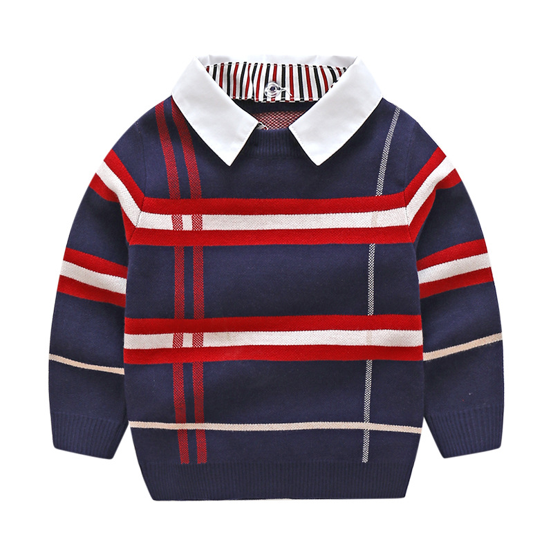 Autumn style kids clothes boys plaid jacquard striped pullover knitted sweater coat alx