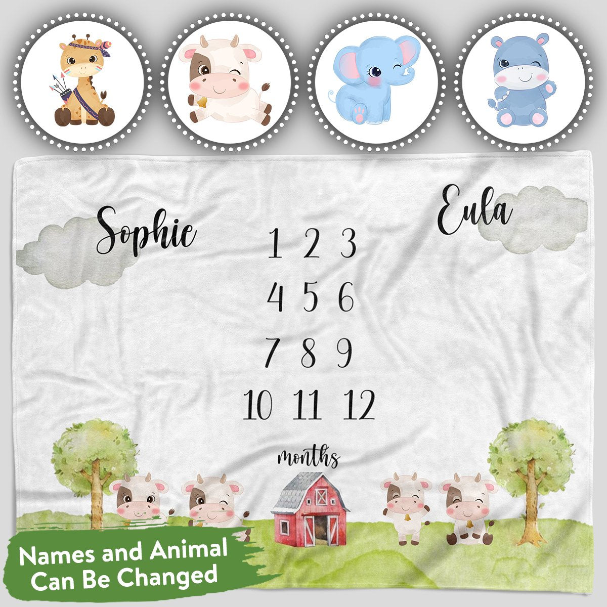 Personalized Baby Blankets Personalized Baby Milestone Blanket With Name, Cow ,Elephant, Giraffe Baby Blanket White Color For Boy And Girl Baby