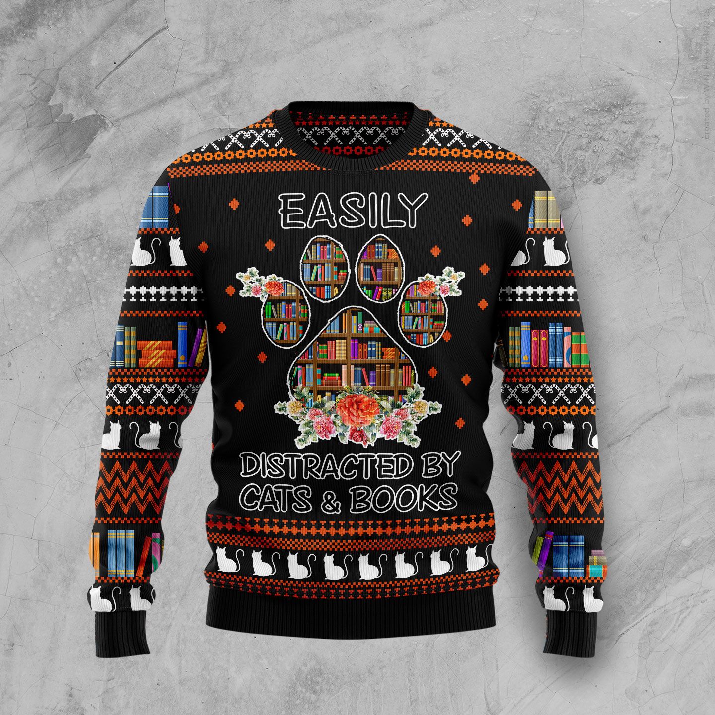 Cat And Books Ugly Christmas Sweater | For Men & Women | Adult | Us5052