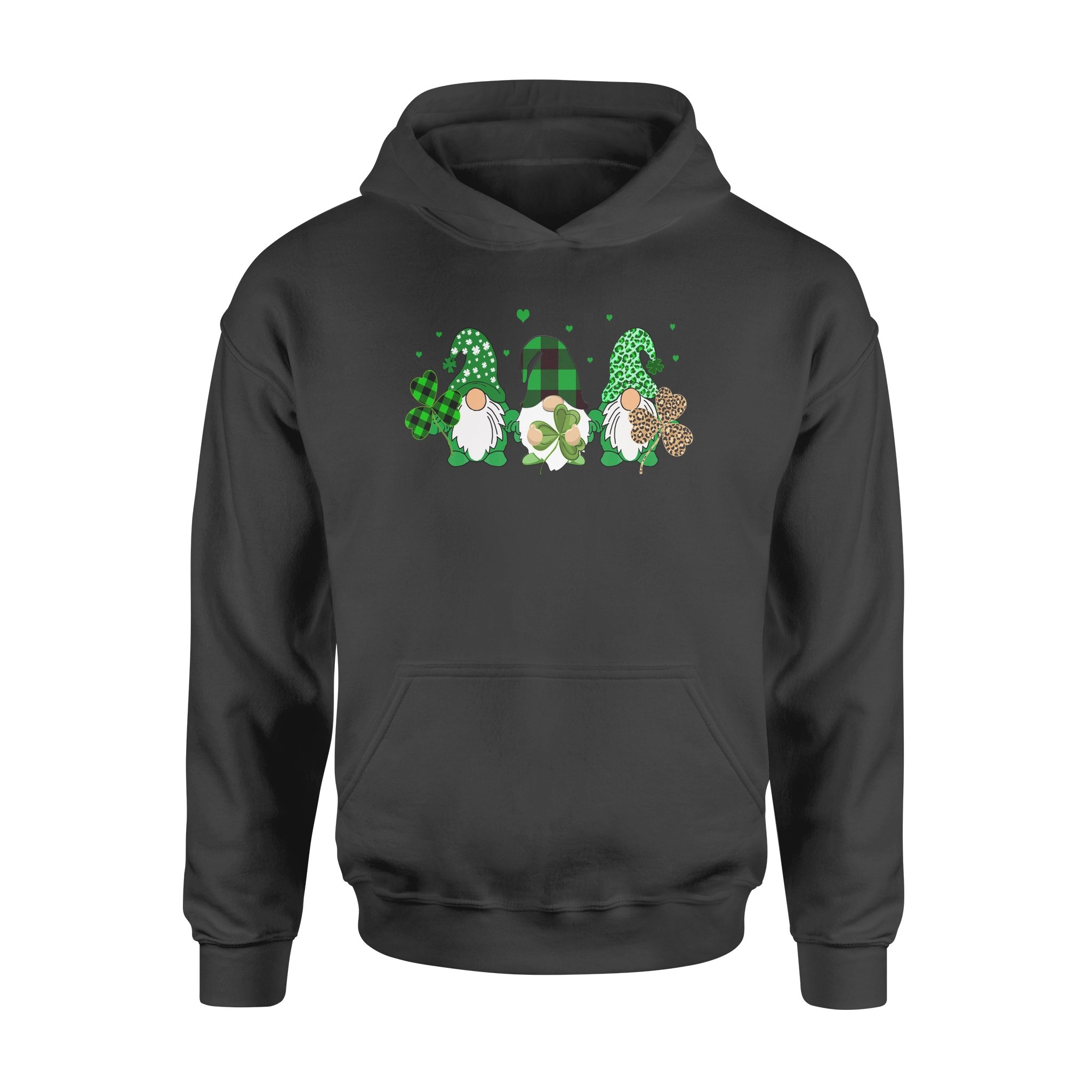 Three Gnomes Holding Shamrock Leopard Plaid St Patrick’s Day Shirt – Standard Hoodie