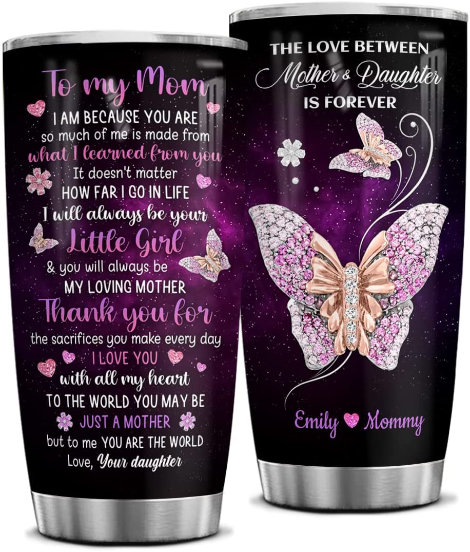 Mom Tumbler Personalized Mothers Day Gifts From Daughter Butterfly Jewelry Drawing Style 20Oz 30Oz Stainless Steel Tumblers With Lid Custom Birthday Christmas Presents For Best Mom Ever