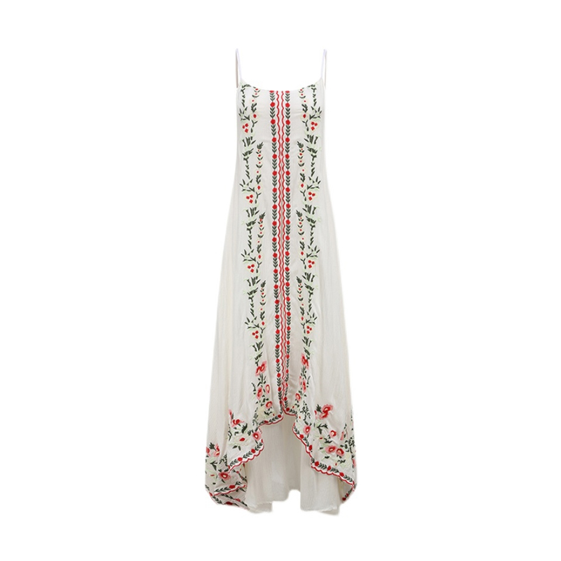 Summer new women’s dress retro national wind flowers embroidered long dress Bohemian travel beach wind halter belt dress alx