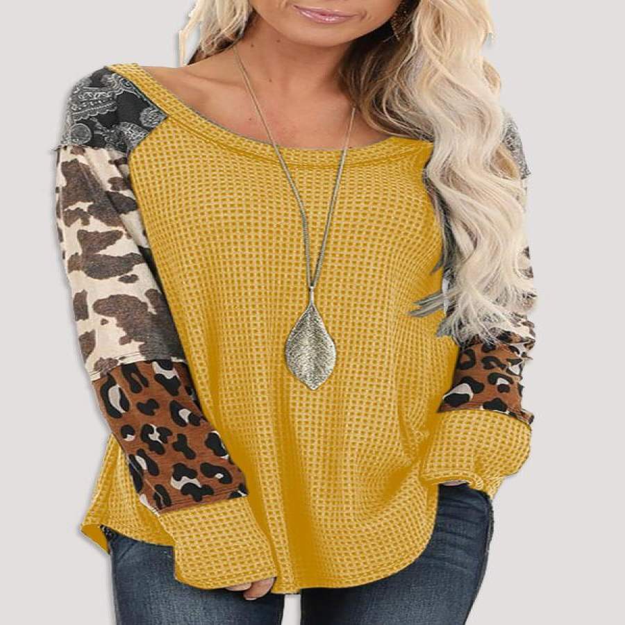 Color Block Leopard Print Splicing Long Sleeve T-Shirts