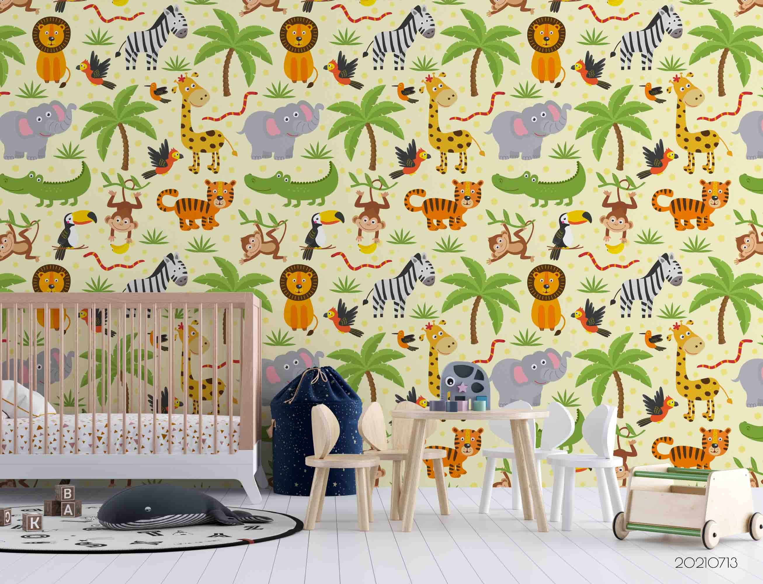 3D Cartoon Coconut Tree Animal Zebra Lion Wall Mural Wallpaper Lqh 204