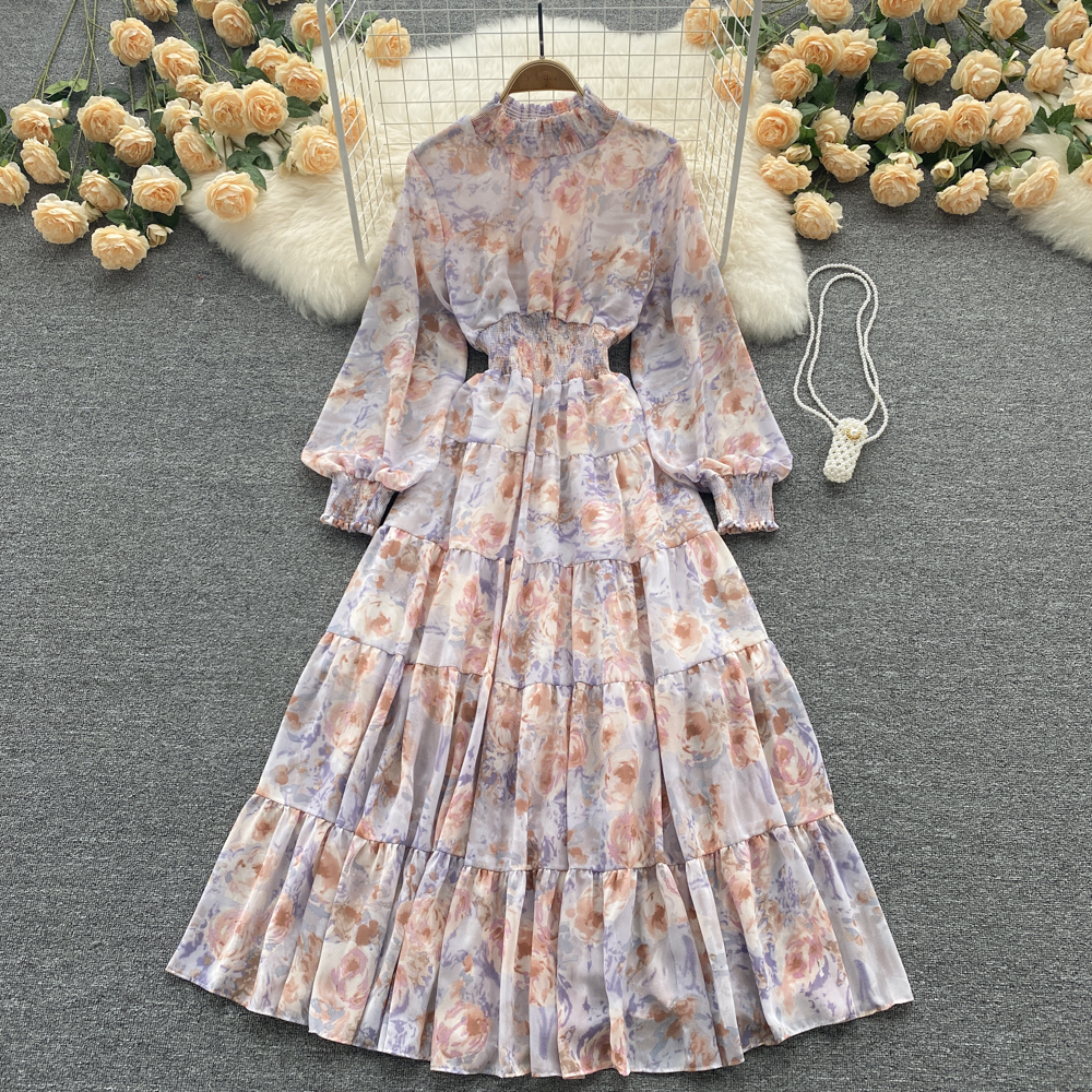 Vintage Flower Long Dress Women Spring Stand Collar Long Sleeve Chiffon Midi Dresses Elegant French A-Line Beach Party Vestidos alx