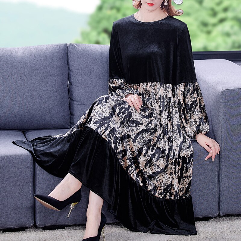 2021 Autumn Female Vintage Loose Velvet Midi Dresses Winter Casual Print 4XL Plus Size Dress Women Elegant Bodycon Party Vestido alx