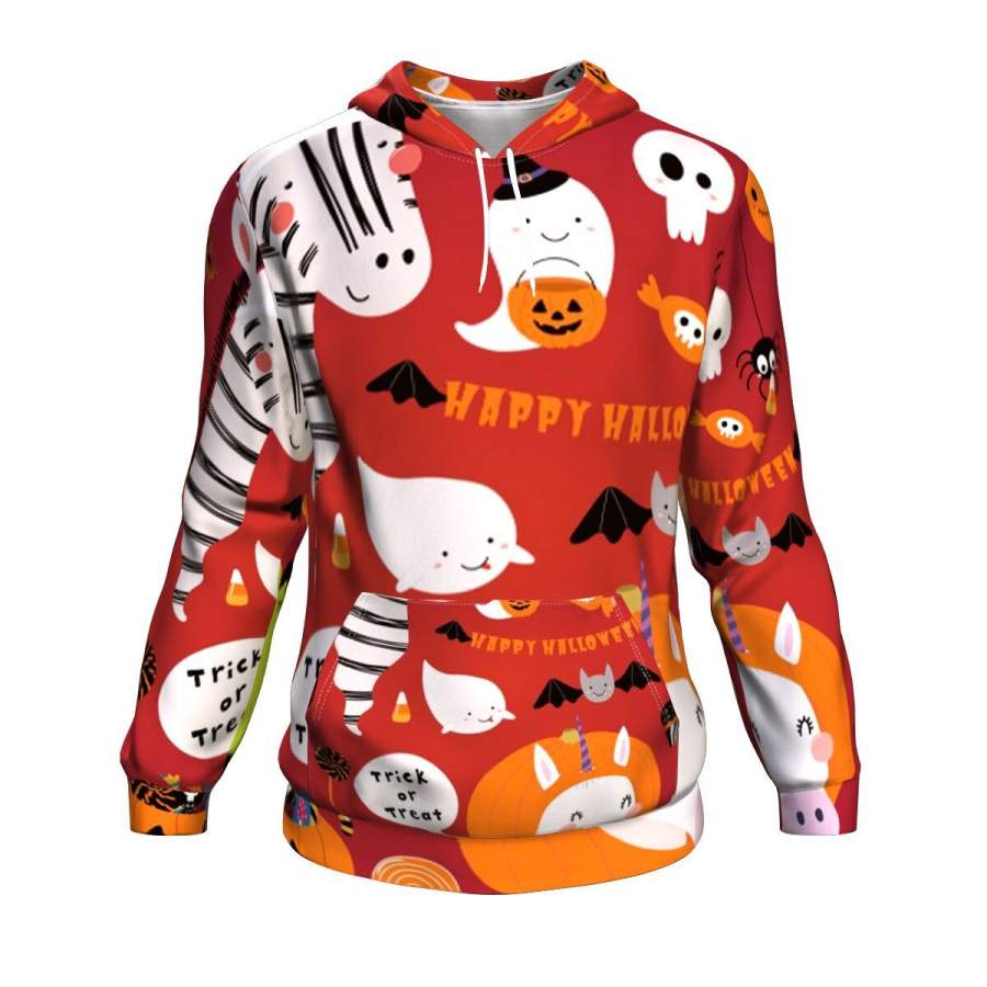 Cute Animals Koala, Unicorn, Zebra, Frog In Costumes, Ghosts, Pumpkin, Candy With Big Halloween Hoodie Over Print