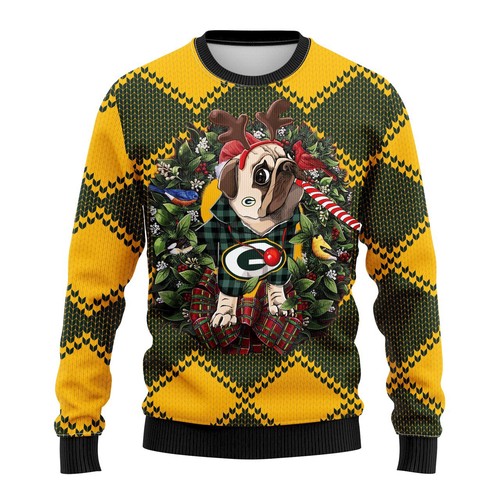 Green Bay Packers Pug Dog Christmas Gift For Fan Ugly Wool Sweater Christmas