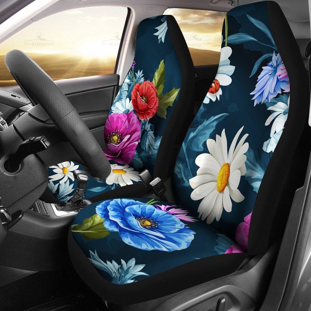 Colorful Floral Flowers Navy Blue Car Seat Covers Pair, 2 Front Car Seat Covers, Seat Cover For Car, Car Seat Protector, Car Accessory