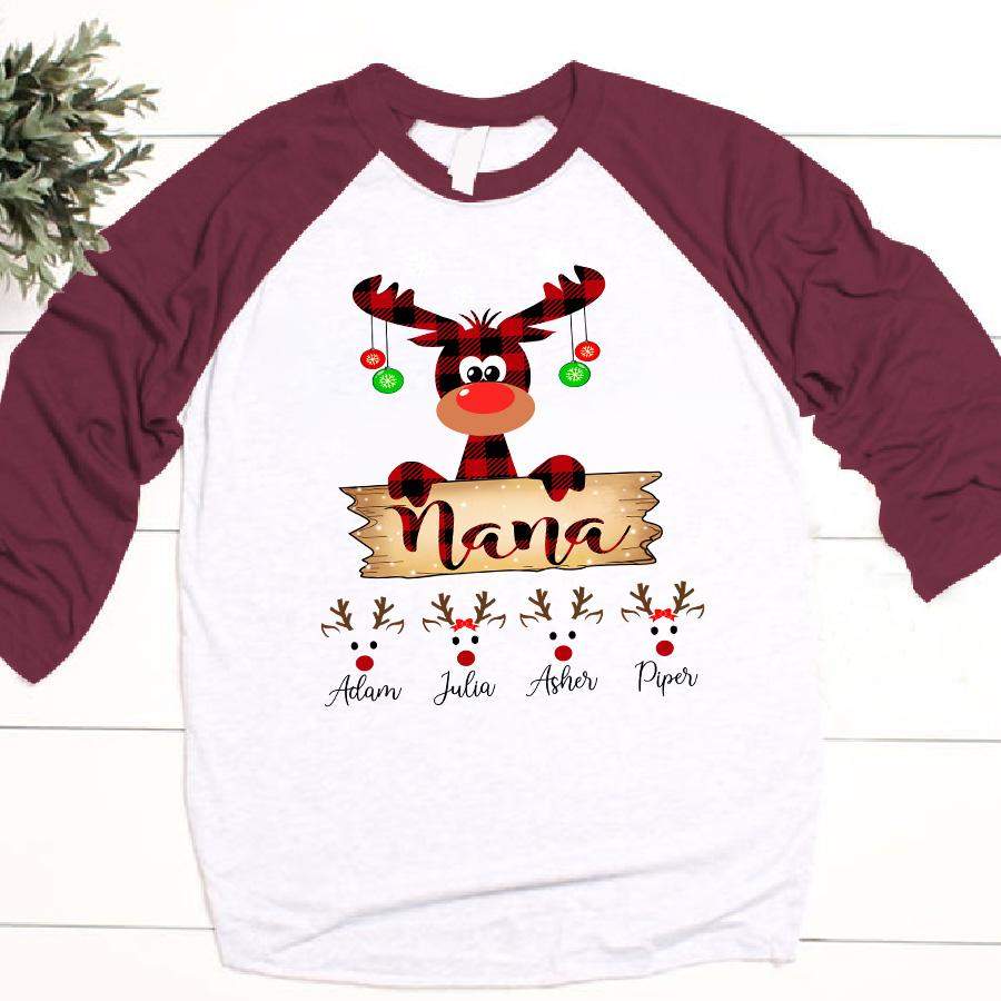 Nana Plaid Reindeer Christmas | Personalized Baseball T-shirt