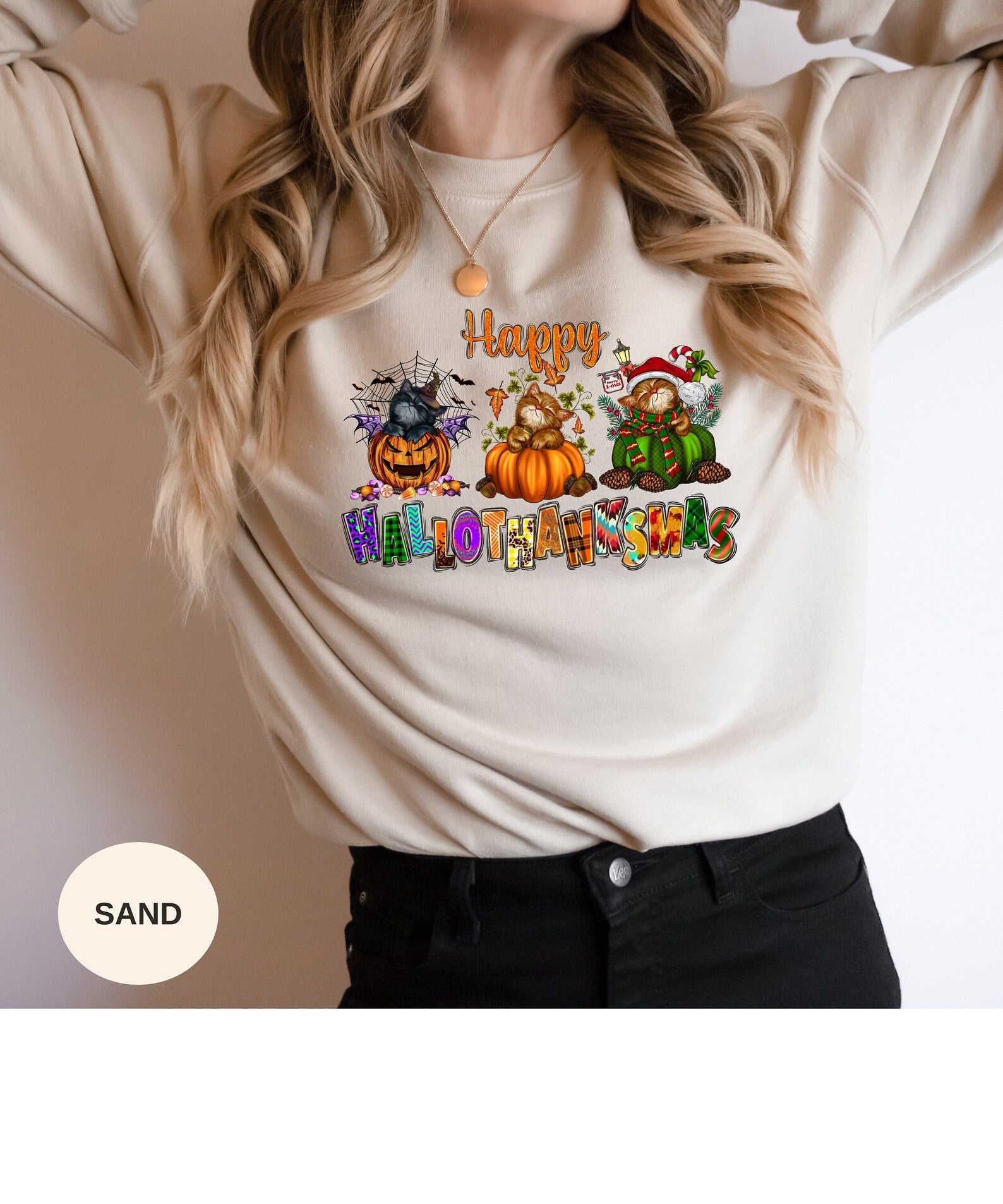 Happy Hallothanksmas Sweatshirt Halloween 2D Crewneck Sweatshirt All Over Print Sweatshirt For Women Sweatshirt For Men Sws3646