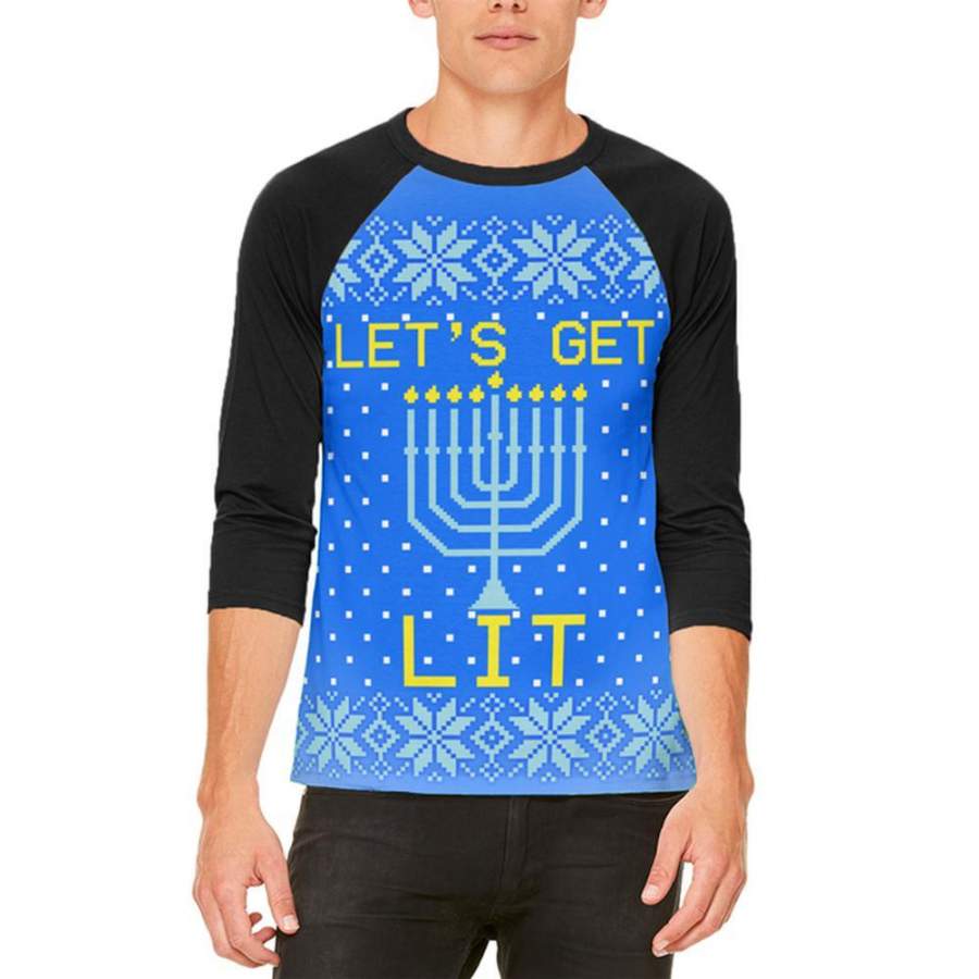 Ugly Christmas Sweater Let’s Get Lit Menorah Hanukkah Mens Raglan T Shirt