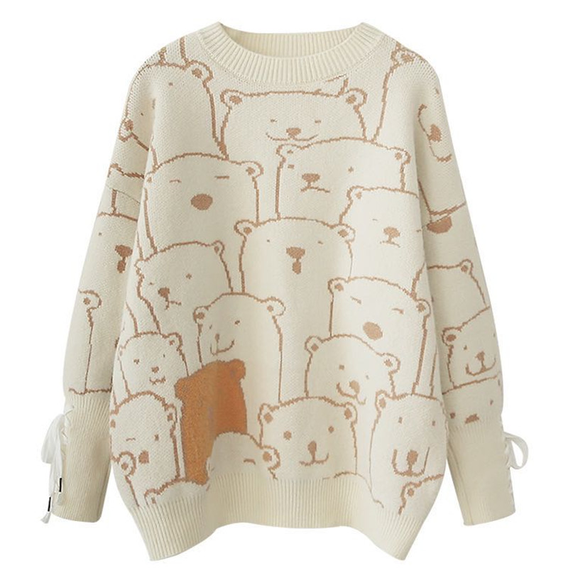 Cashmere Wool Oversized Sweaters Female Cute Bear Loose Pullover for Girls Newly Long Sleeve Bandage O-neck Knitwear Pull Autumn alx