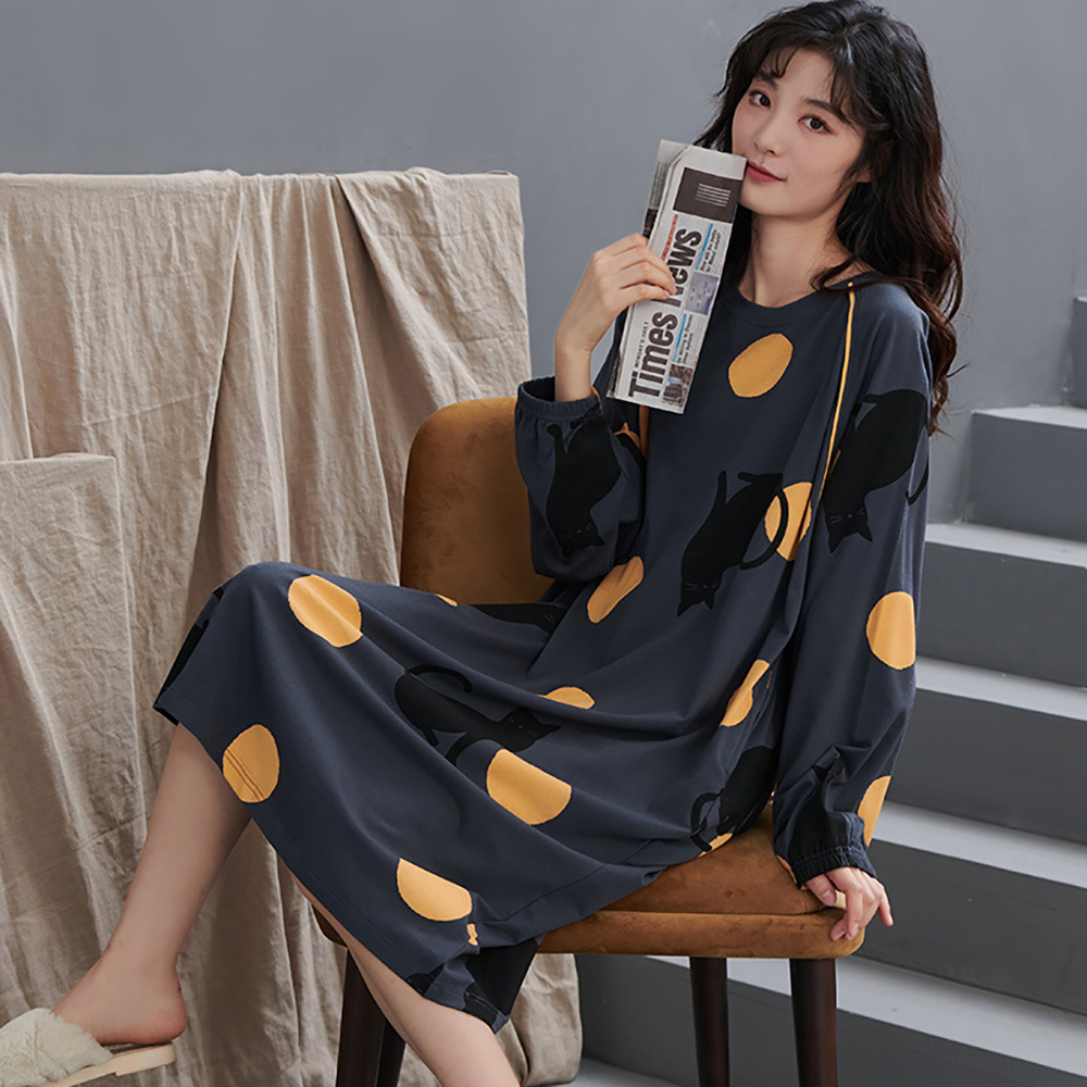 Spring Autumn French Palace Sexy Split Nightie Dress Woman 100% Cotton Sleepwear for Sleeping Casual Print Pajamas Nightwear alx