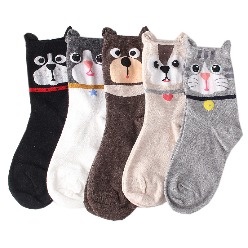 5 Pairs Women Socks Middle Tube Cute Cartoon Black Grey Brown Cat Dog Bear Breathable Sweat-absorbing Cotton Crew Socks with Ear alx