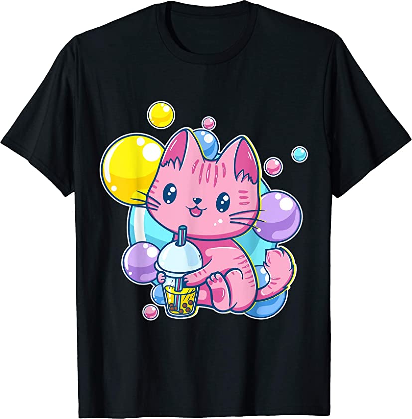 90s Kawaii Aesthetic Pink Pastel Chibi Cat Kitten Bubble Tea T-Shirt