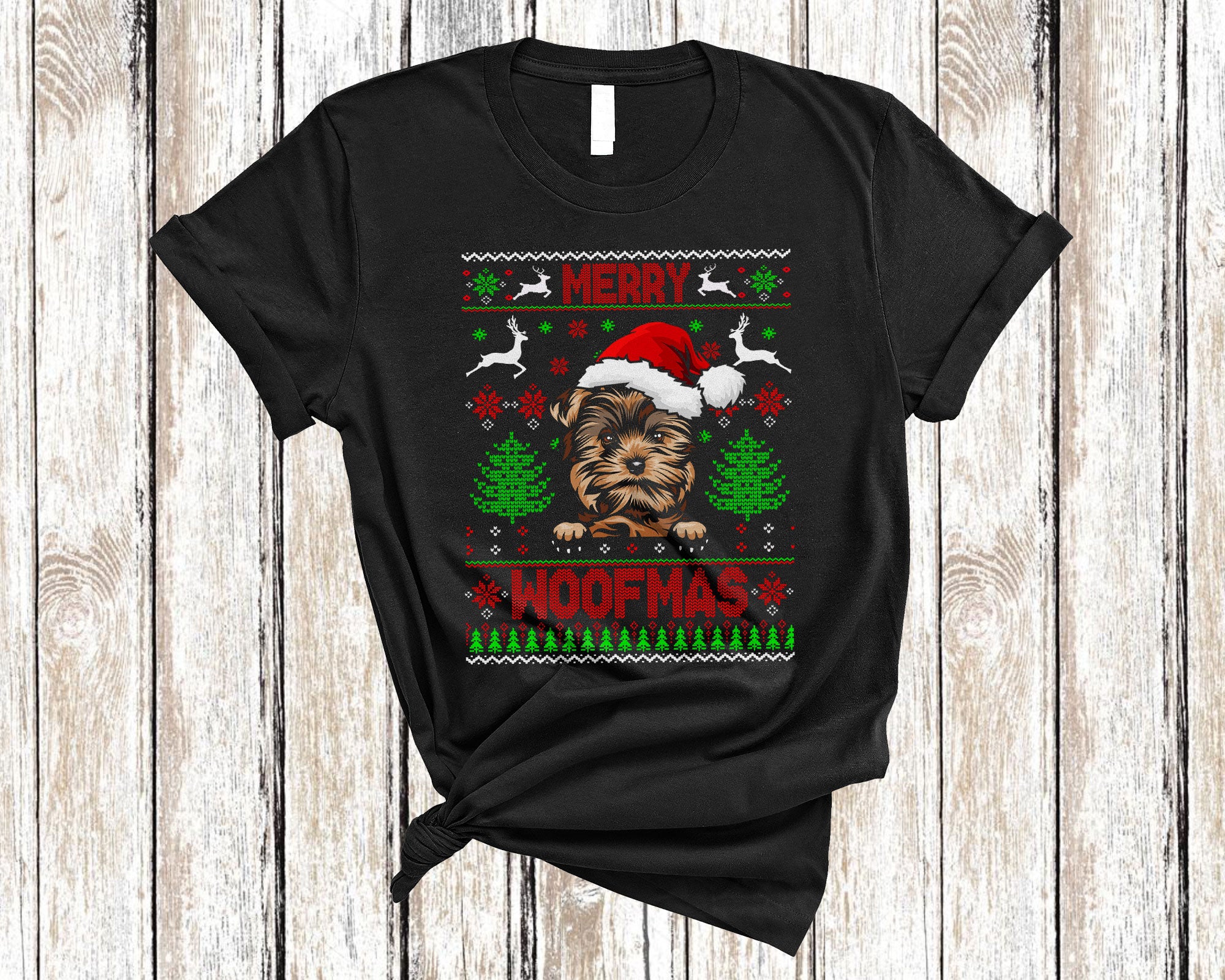 Christmas Dog Shirt Merry Woofmas Funny Ugly Christmas Santa Yorkie Dog Sweater Gifts T-Shirt