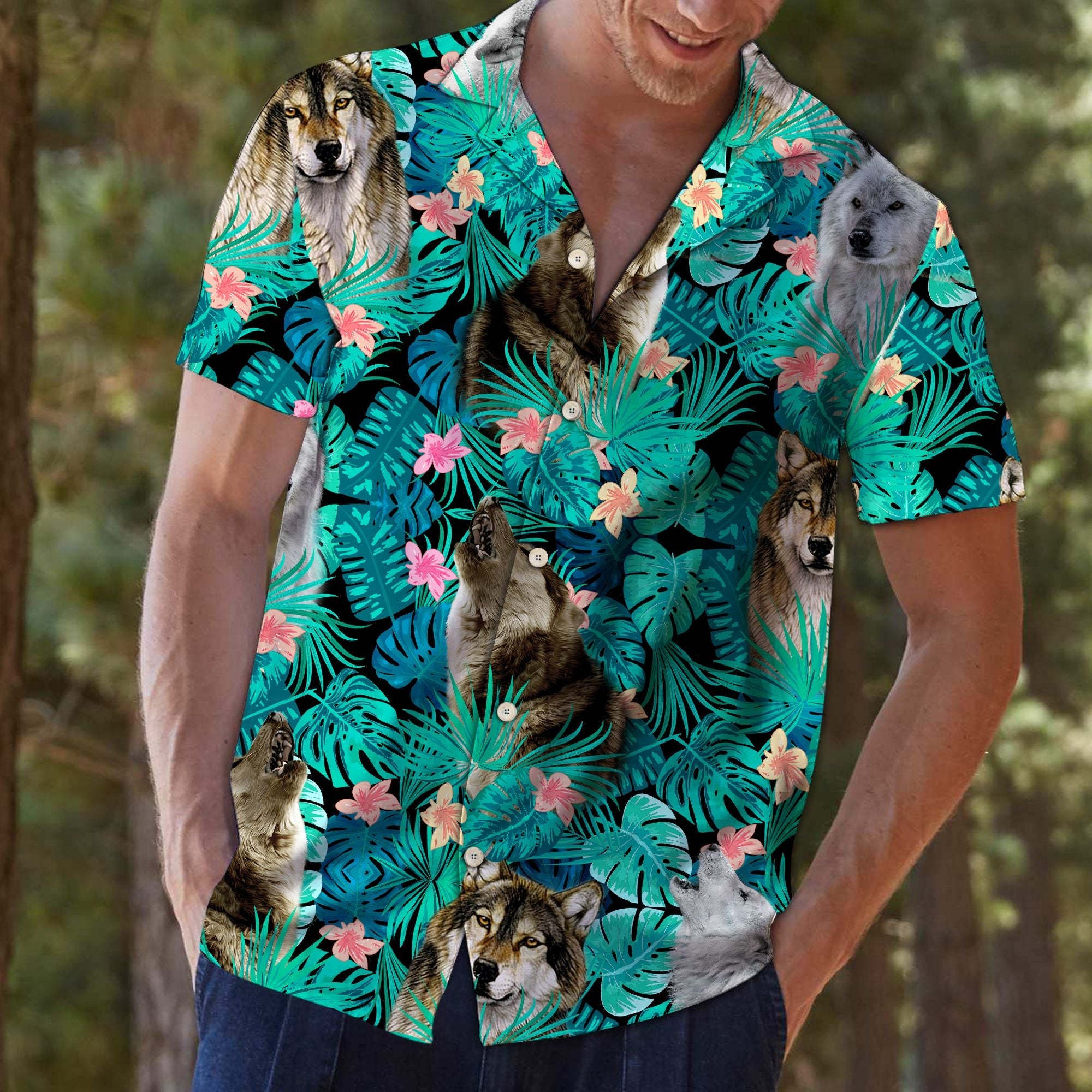 Wolf Tropical Hawaiian Unisex Print Aloha Short Sleeve Casual Shirt Ha4889