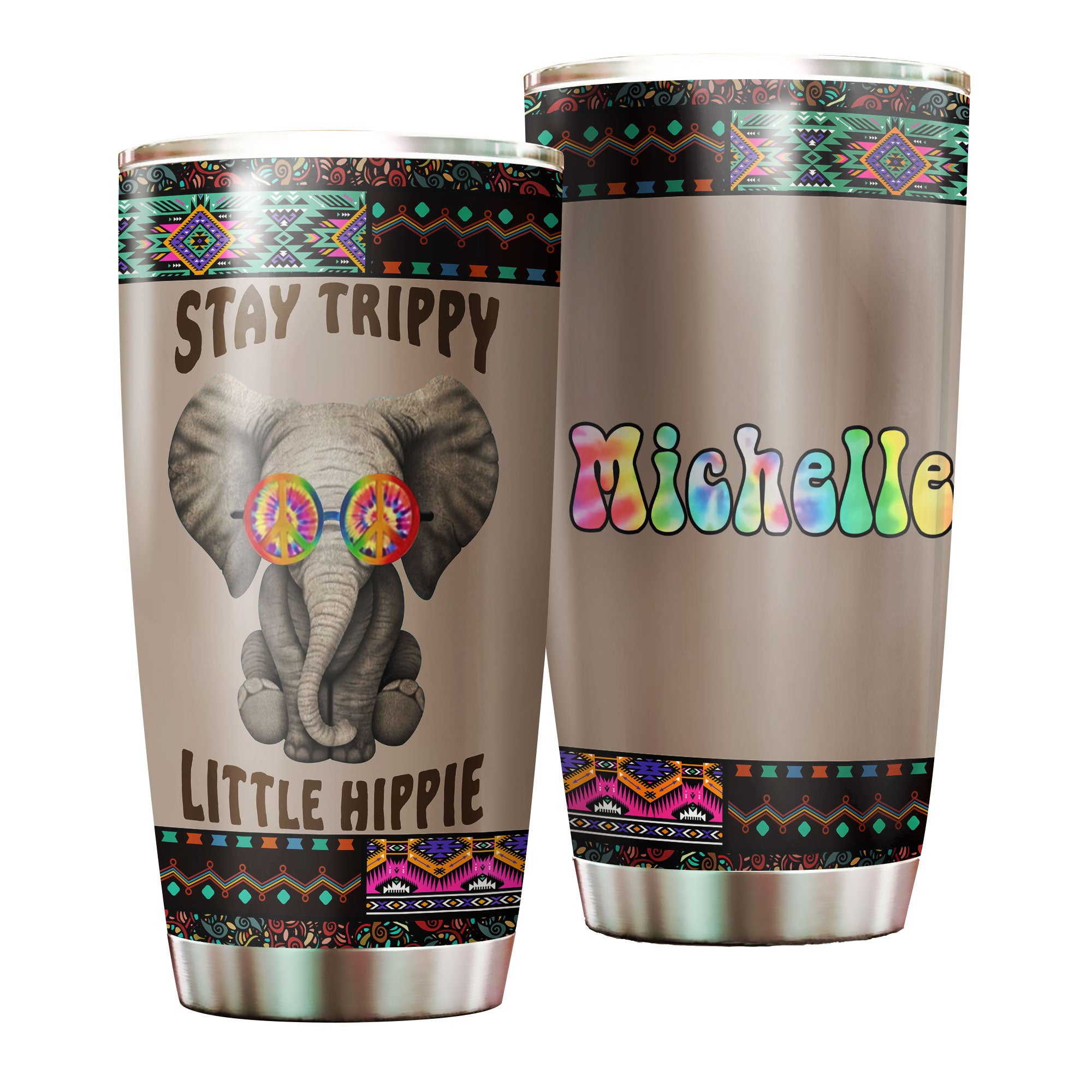 Personalized Baby Elephant Stay Trippy Little Hippie Stainless Steel Tumbler-Double-Walled Travel Therma Cup With Lid