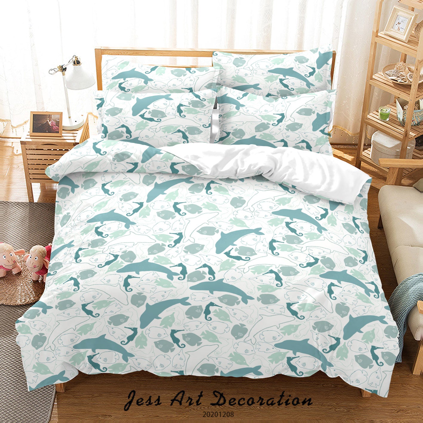 3D Hand Drawn Ocean Dolphin Fish Pattern Blue Quilt Cover Set Bedding Set Duvet Cover Pillowcases Lxl