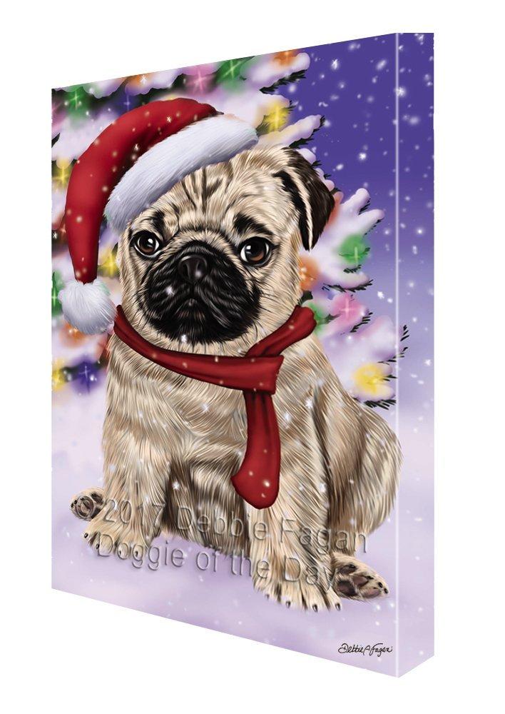 Winterland Wonderland Pug Puppy Dog In Christmas Holiday Scenic Background Painting Printed On Canvas Wall Art