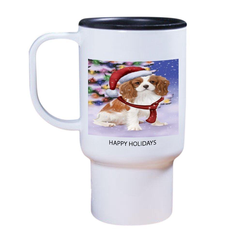 Winterland Wonderland Cavalier King Charles Spaniel Puppy Dog In Christmas Holiday Scenic Background Travel Mug