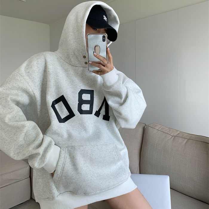 Sweater female button American retro Korean version loose ins tide plus velvet thickened hooded top 2022 spring new alx