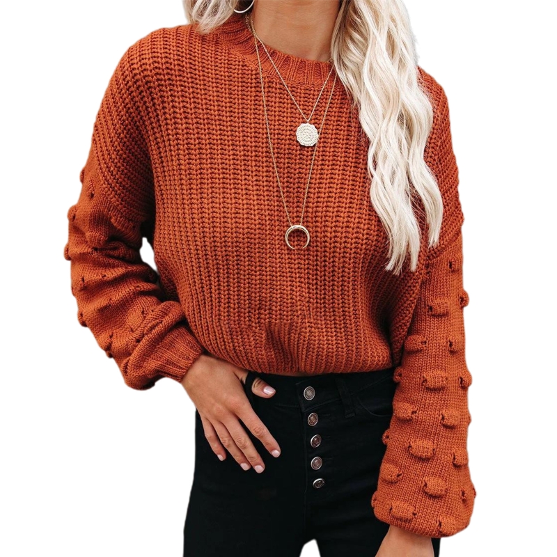 Women Autumn Dot Puff Long Sleeve Sweater Round Neck Chunky Crochet Knitted Pullover Crop Top Solid Color Casual Loose Jumper alx