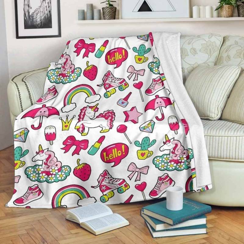 White Girly Unicorn Pattern Premium Fleece Blanket