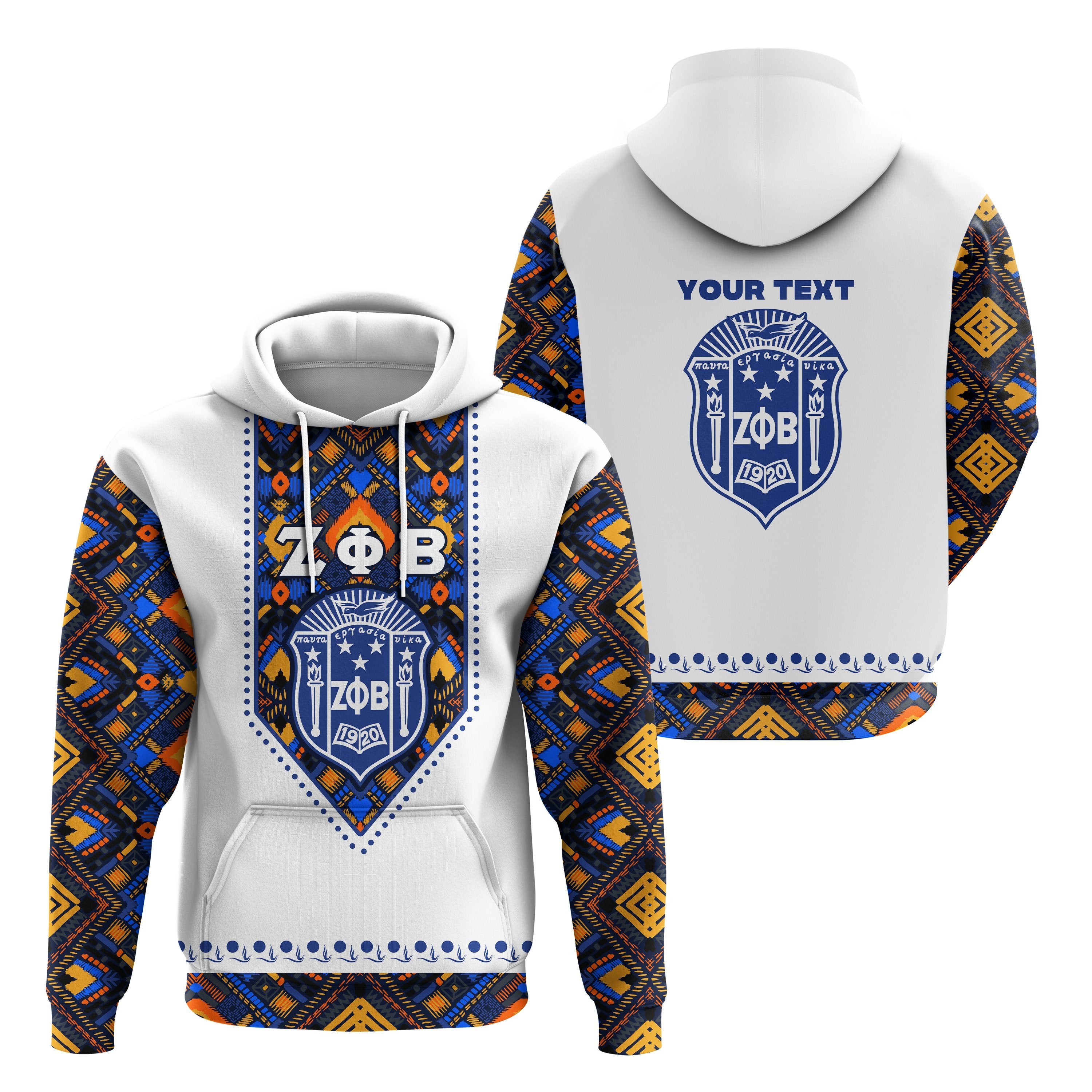 (Custom Personalised) Greek Life Hoodie – Zeta Phi Beta African Pattern – White Lt16