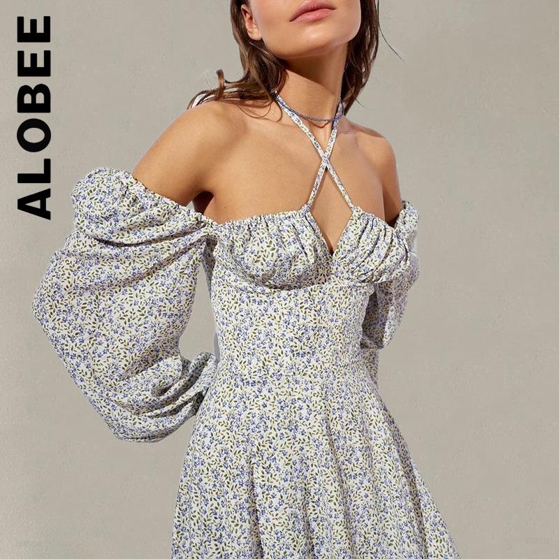 Alobee Dress Fashion Women Basic Floral Cut out Tie up Split Zip Backless Dress Vintage All-Match Female Clothing Vestidos alx