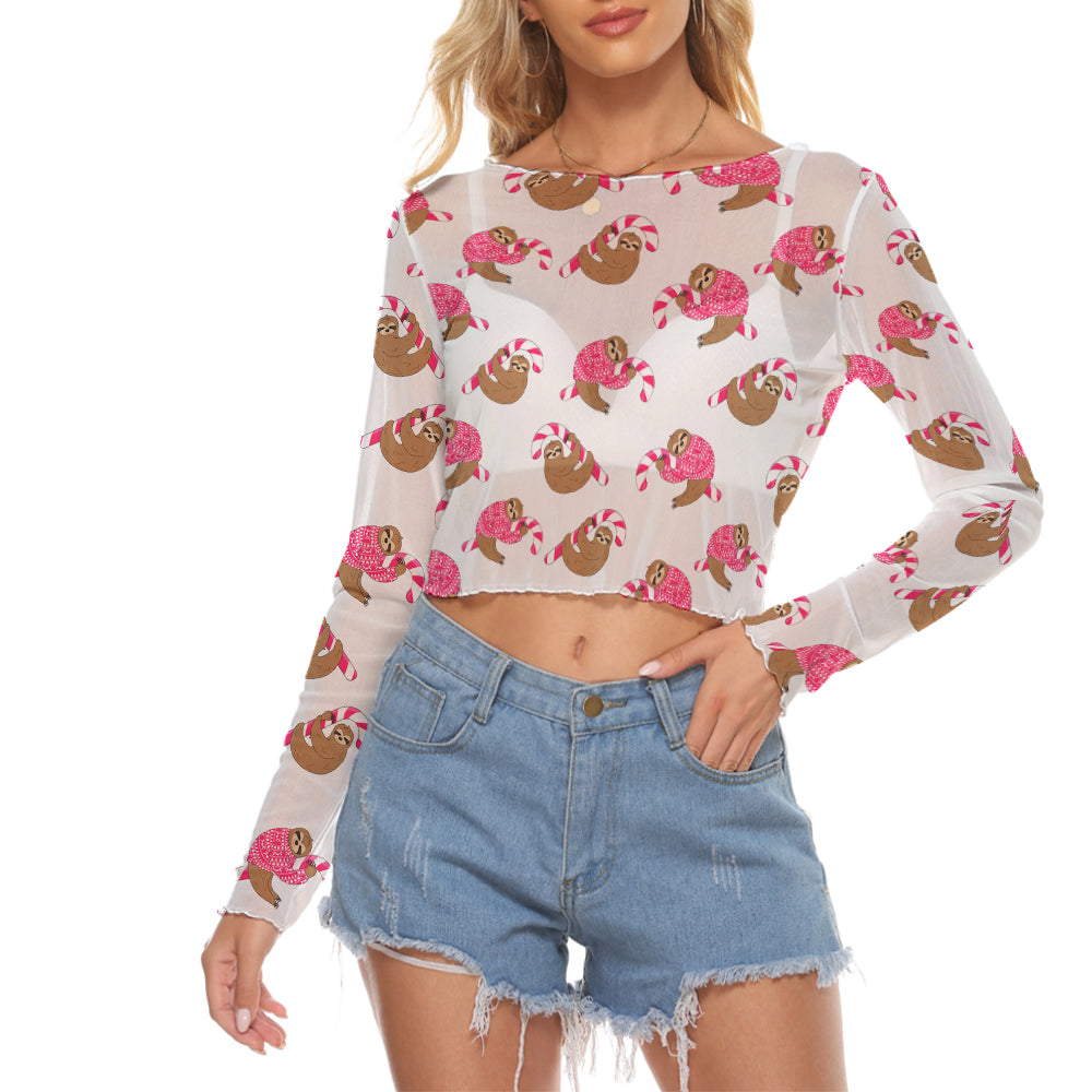 Sloth And Candy Cane Mesh Long Sleeves Crop Top