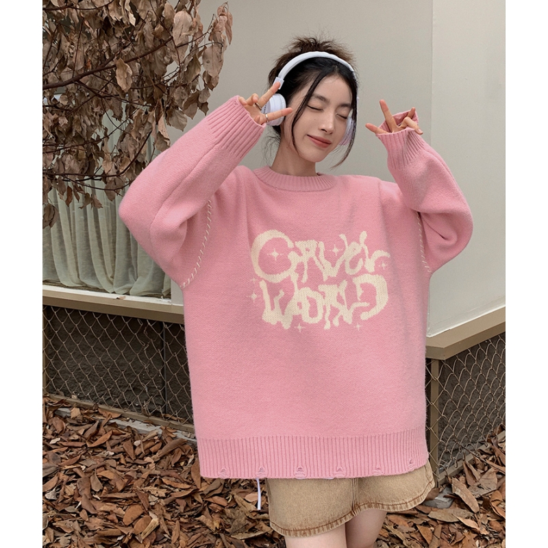 Women Pink Sweater Round Neck Letter Fashion Vintage Leisure Lazy Wind Loose Winter Female Thicken Warm Knitting Pullover alx