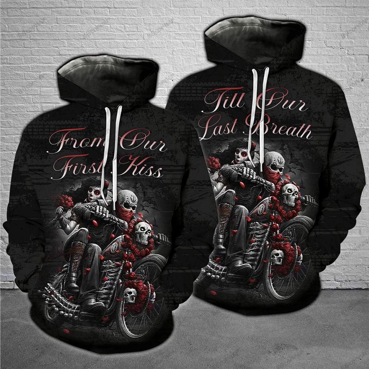 Skull Racing King and Queen Motorcycles Grunge Goth Couple Hoodie 3D #V