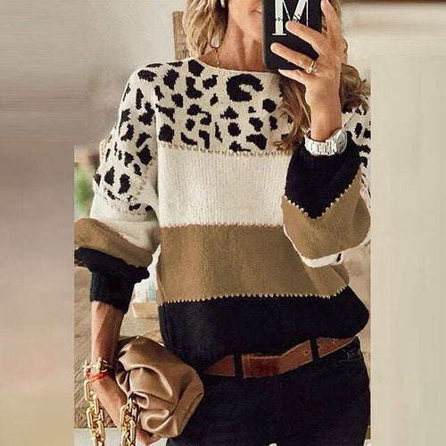 Patchwork Long Sleeve Sweaters Leopard Striped Knitted Sweater