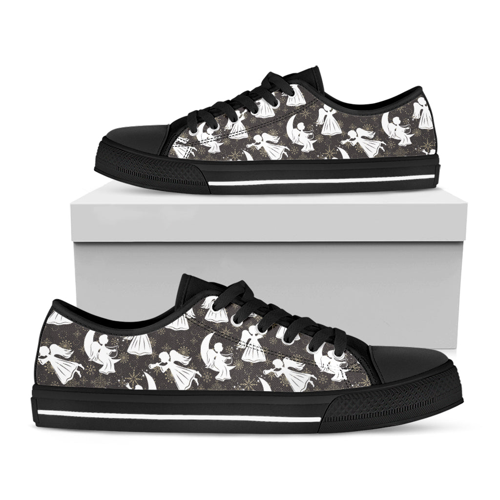 Angel And Snowflake Pattern Print Black Low Top Shoes