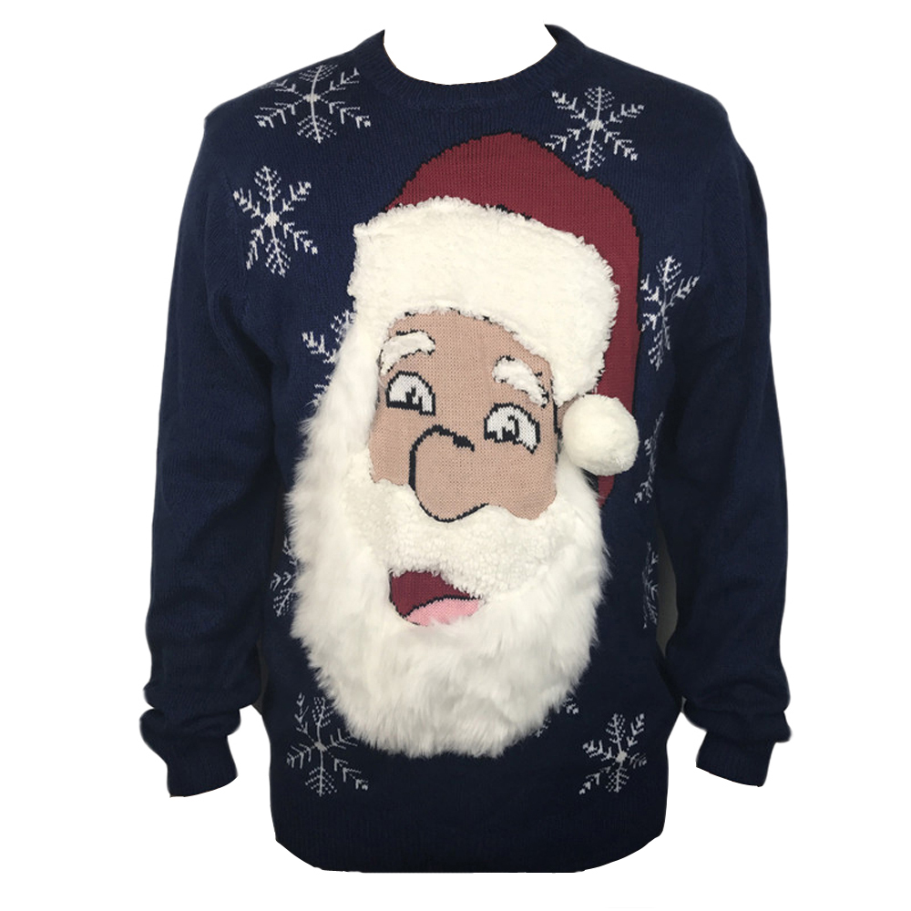 Stylish Knit Blue Crewneck Long Sleeve Snowflake HO HO HO Pattern Fluffy Bearded Santa Claus Ugly Christmas Sweater for Men alx