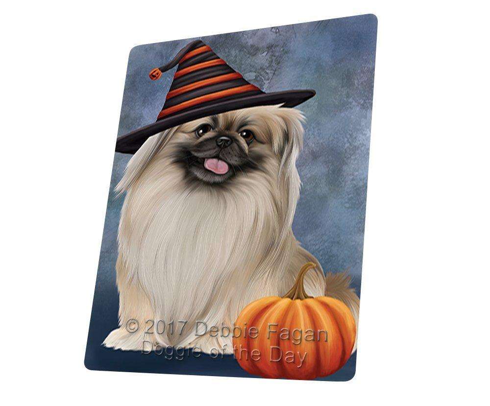 Happy Halloween Pekingese Dog Wearing Witch Hat With Pumpkin Art Portrait Print Woven Throw Sherpa Plush Fleece Blanket