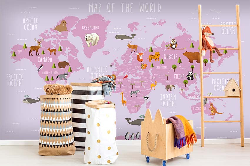 3D Pink Animals World Map Wall Mural Wallpaper 15