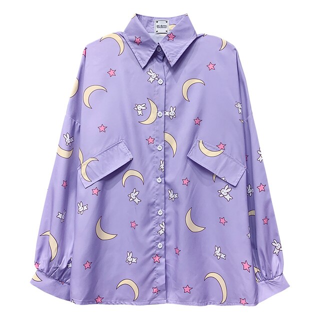 Kawaii Rabbit Moon Printed Summer Shirt In Pink