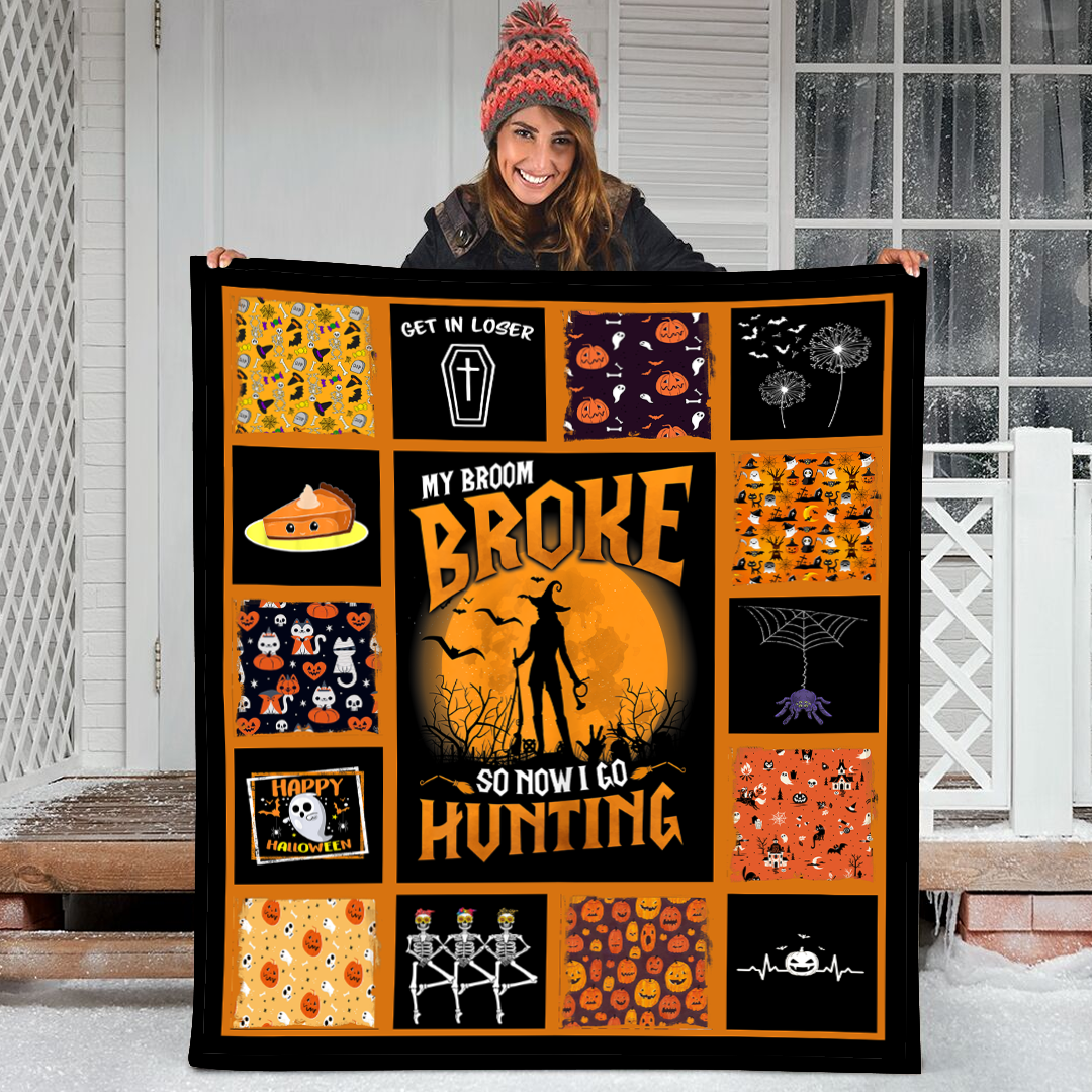 Womens My Broom Broke So Now I Go Hunting Halloween 2021 Funny 1 Fleece Blanket Small Medium Large X-Large