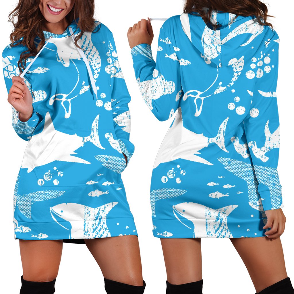 Shark Pattern Blue Theme Women Hoodie Dress