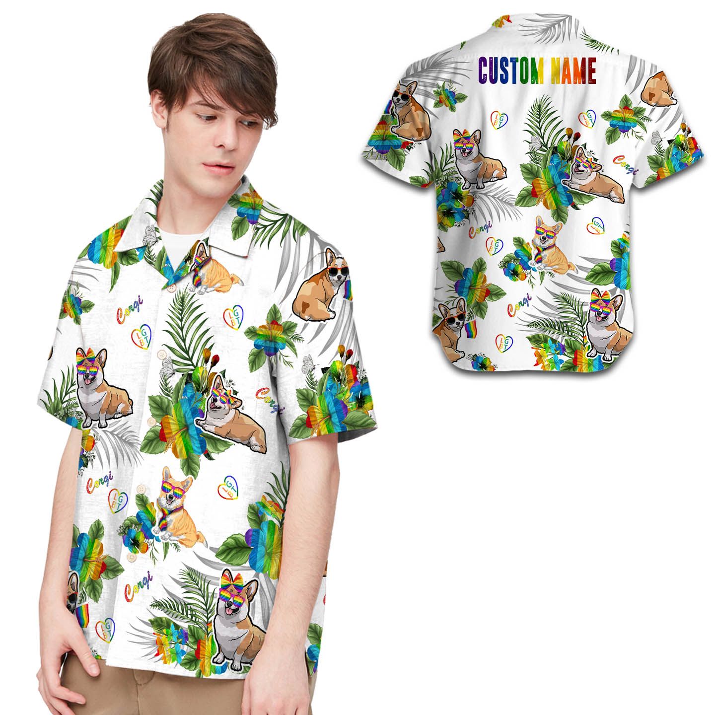 Lgbt Corgi Hibiscus Flowers Custom Name Men Hawaii Shirt For Dog Lovers Ha54877