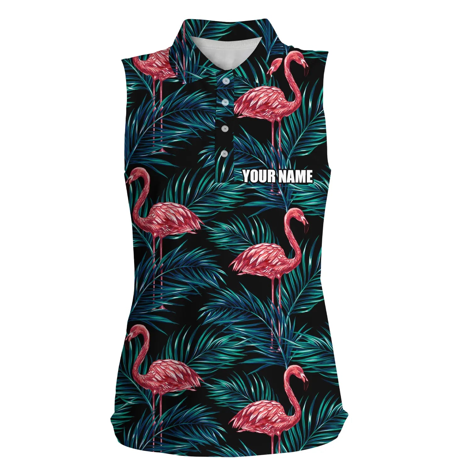 Women’S Sleeveless Golf Polo Shirt, Floral Flamingo Pattern Tropical Leaves Custom Team Golf Shirts