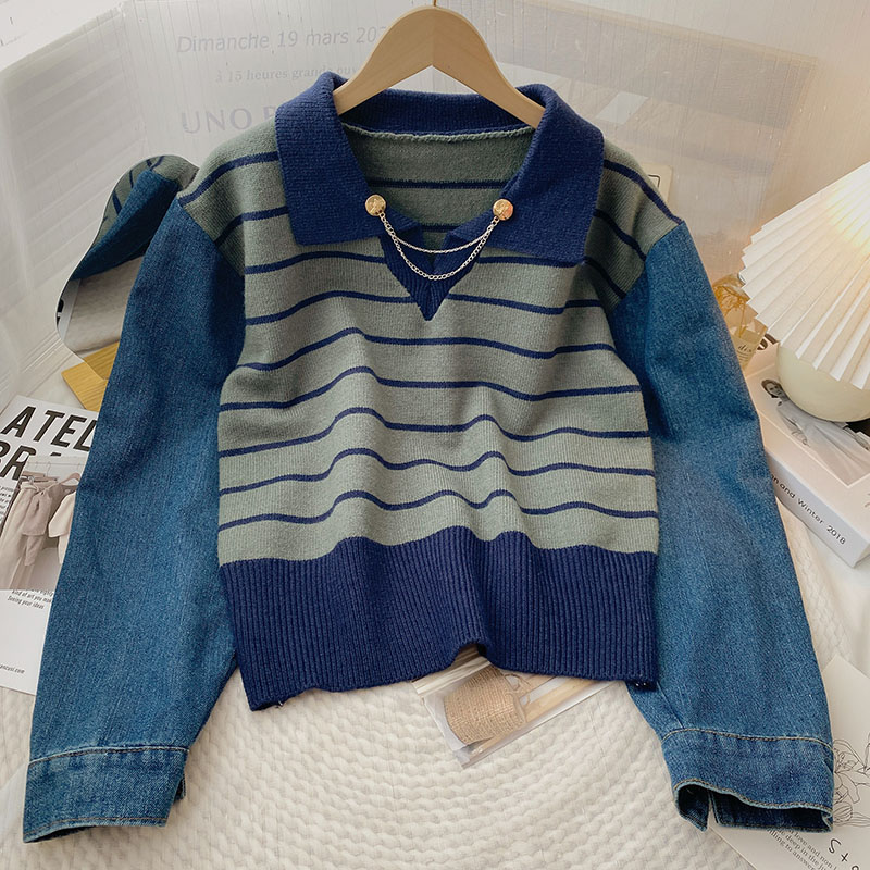 Yitimoky Sweater Women Jumper Pullover Denim Long Sleeve Stripe Ladies Tops 2022 Knitted Crop Tops Fashion Casual Y2k Clothes alx