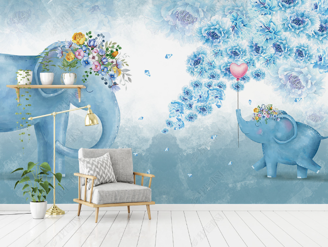 3D Hand Drawn Blue Floral Elephant Wall Mural Wallpaper Lqh 213