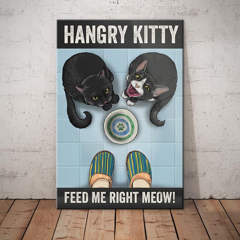 Black Cat Canvas And Poster Hangry Kitty, Feed Me Right Meow | Art Print | Home Decor | Room Decor | Wall Art