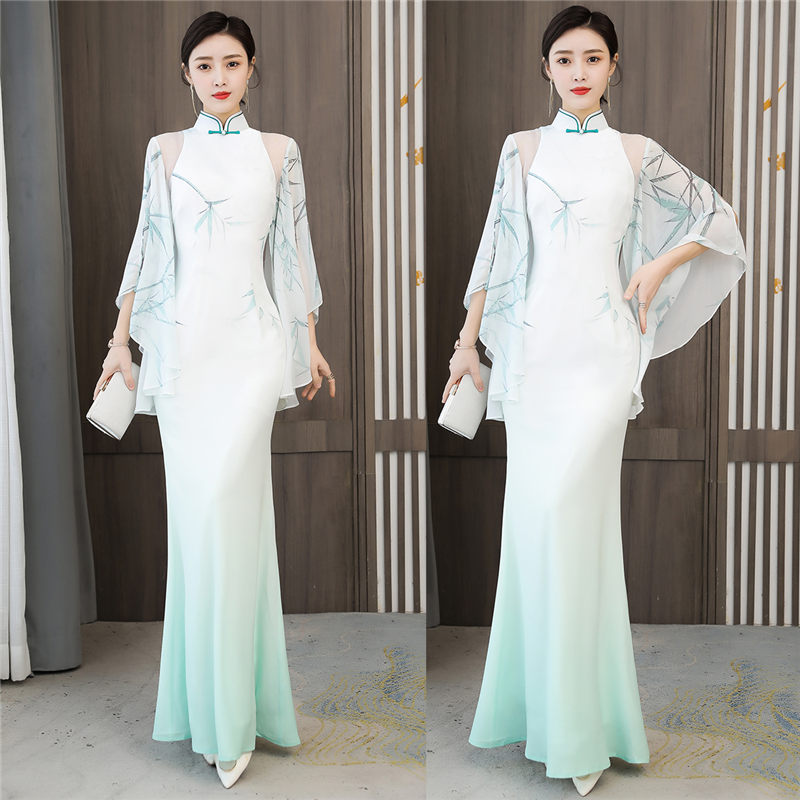 2021 Spring Autumn New Costumes Banquet Runway Cheongsam Dress Chinese Style Clothing Cloak Sleeve Qipao Female Robes y1469 alx