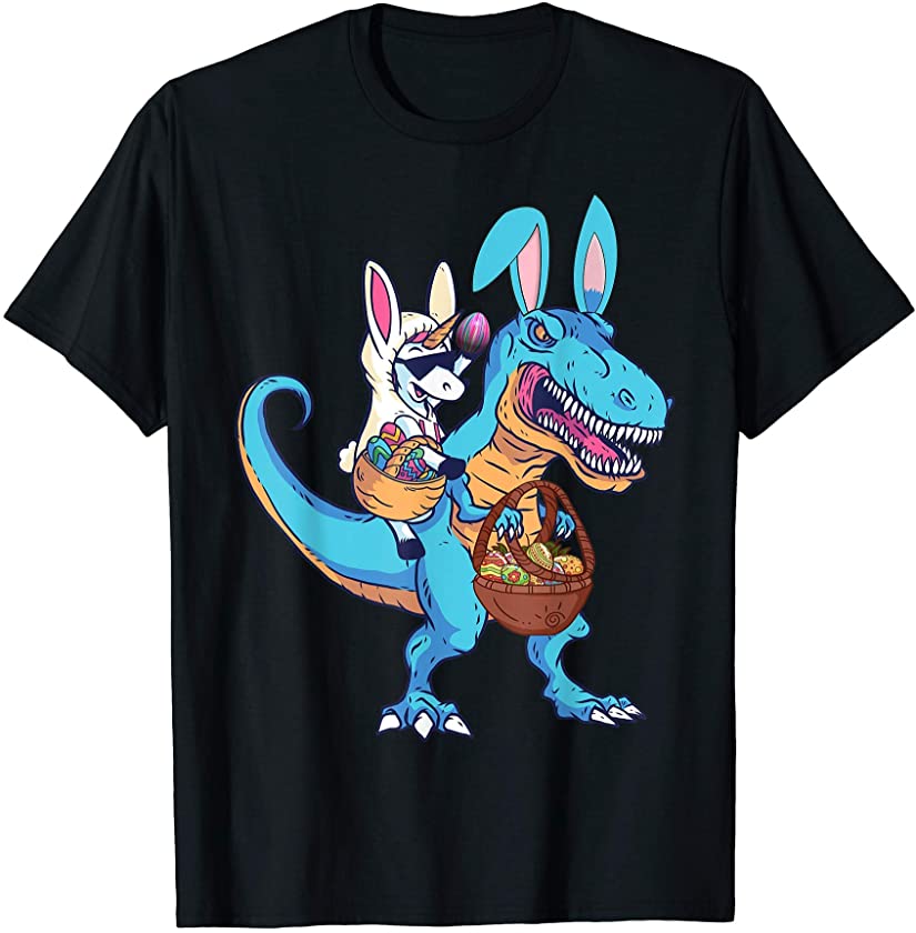 Unicorn Riding T Rex Dinosaur Easter Bunny Basket Kids Boys T-Shirt